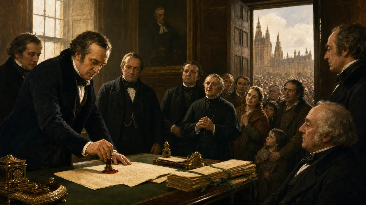 Project-created historical scene of the Catholic Relief Act breakthrough in 1829 — representative visual for Catholic emancipation.