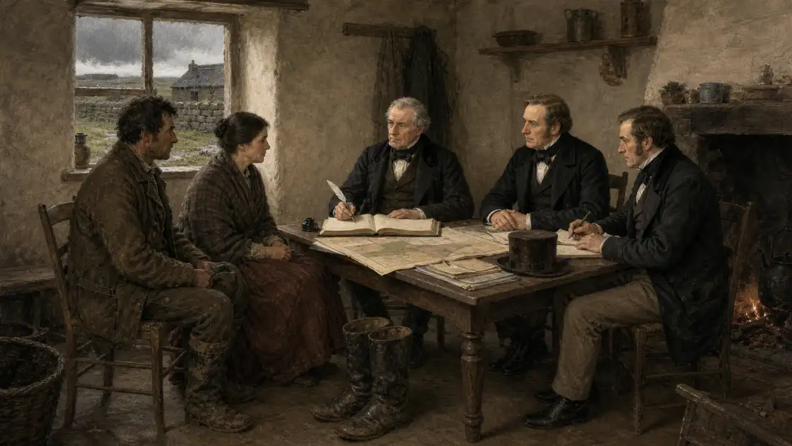 A tenant couple give evidence to a royal commission inside a rural cottage — bespoke historical illustration, representative of the inquiry’s human stakes.