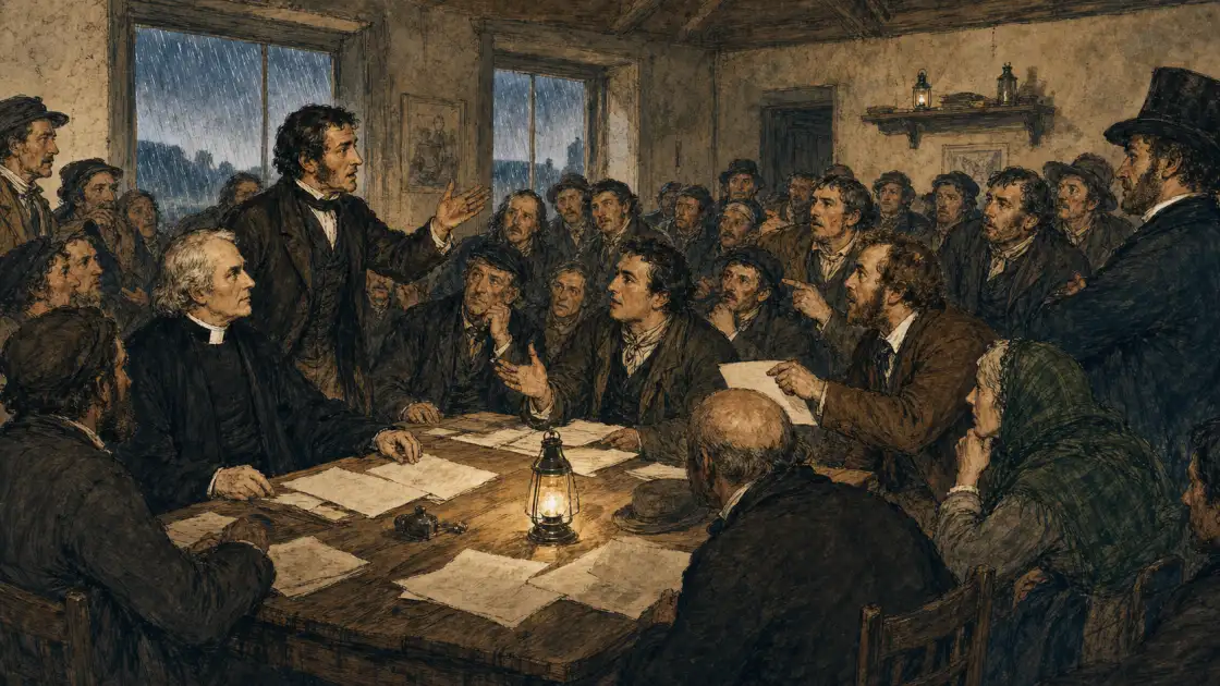 Tenant-right organisers argue around a rain-lashed parish-hall table — bespoke historical illustration of a cross-community land campaign.