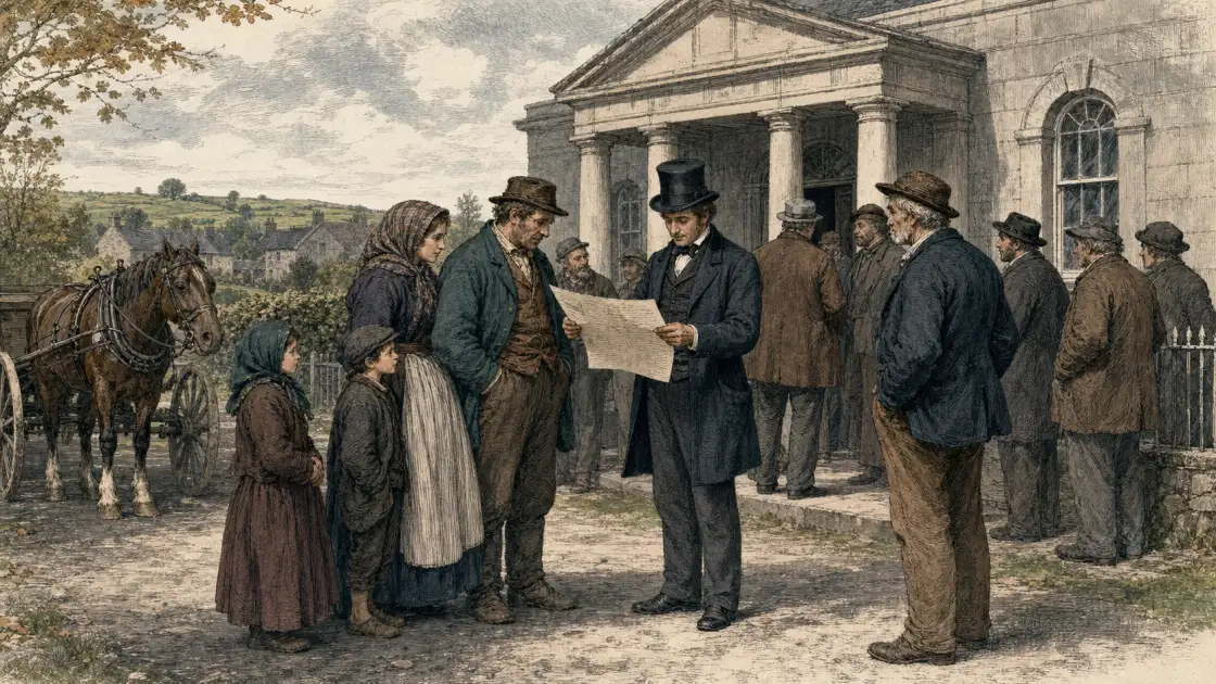 A tenant family and solicitor consider the new law outside a provincial courthouse — bespoke historical illustration, representative of the 1870 Land Act’s arrival in local life.