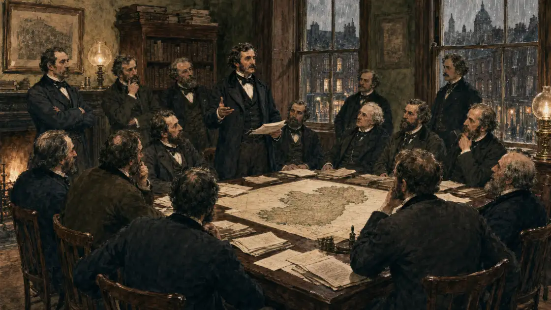 Constitutional reformers plan around a map of Ireland in a rain-darkened Dublin committee room — bespoke historical illustration of Home Rule becoming organised politics.