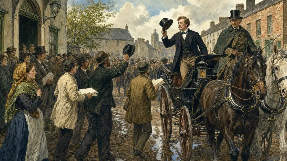 A Meath by-election crowd greets a young parliamentary candidate outside the polling place — bespoke historical illustration of electoral momentum becoming a national platform.