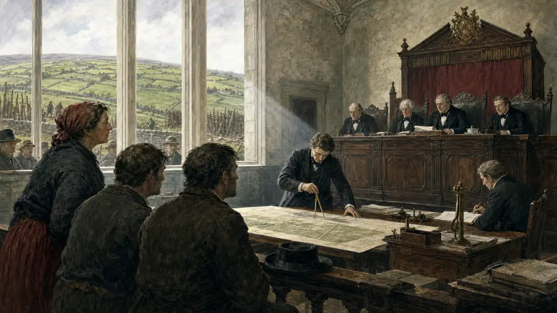 A Land Court hears a tenant claim beside a mapped countryside — bespoke historical illustration of the legal contest over rent and tenure.