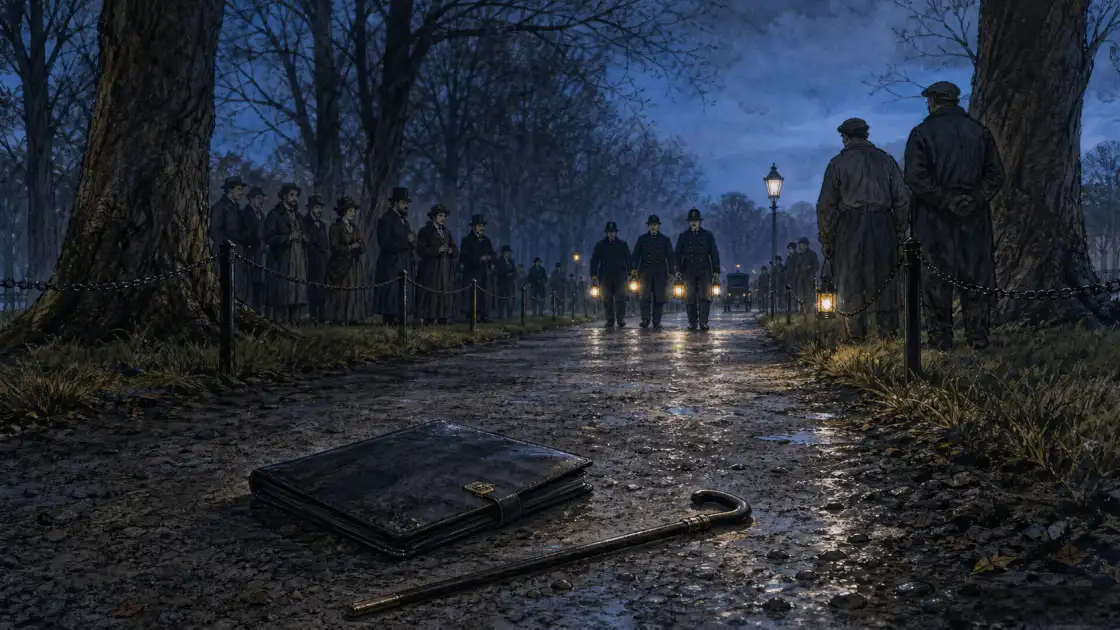 Lantern-bearing investigators approach a deserted Phoenix Park path after the murders — bespoke non-graphic historical illustration of the political shock and its aftermath.