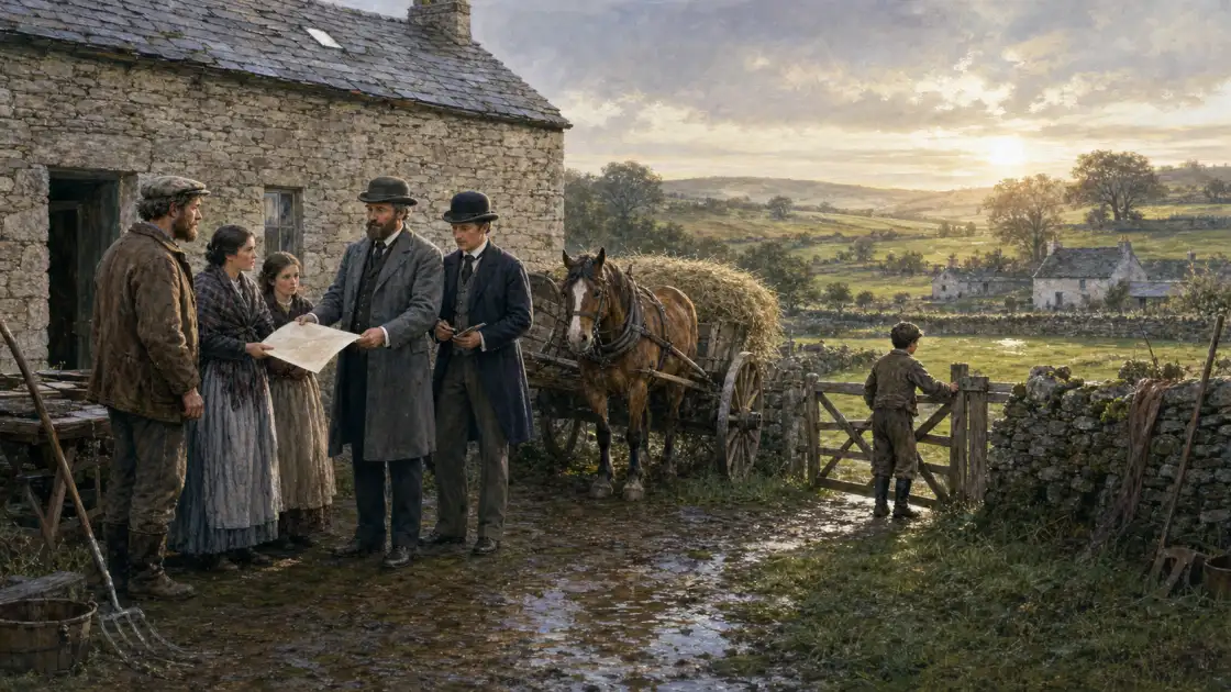 A farm family completes a purchase beside its stone house and field gate — bespoke historical illustration of the shift from tenancy toward ownership.