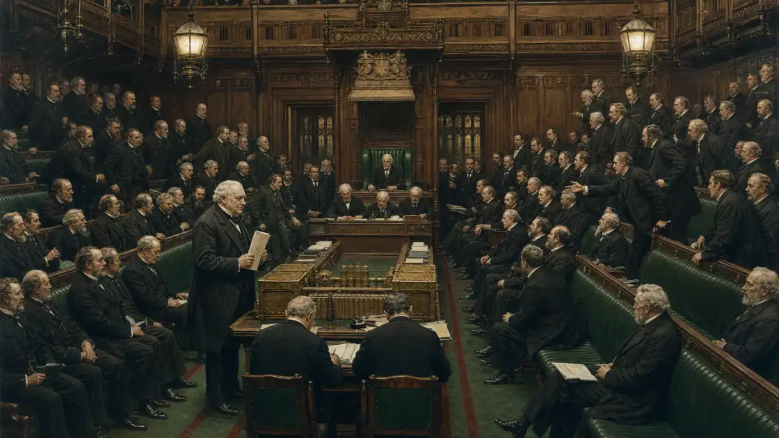 A divided House of Commons gathers around the first Home Rule Bill — bespoke historical illustration of a proposal that reshaped British and Irish politics despite defeat.