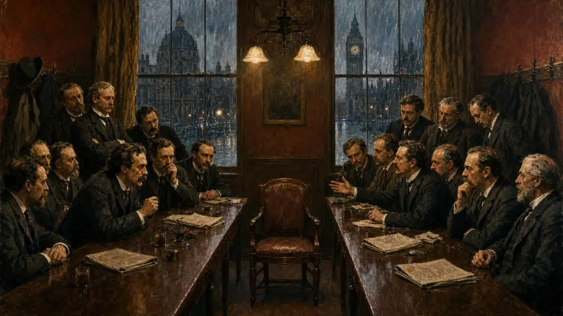 Two factions face each other across an empty chair in a rain-bound committee room — bespoke historical illustration of the Irish Parliamentary Party’s fracture.
