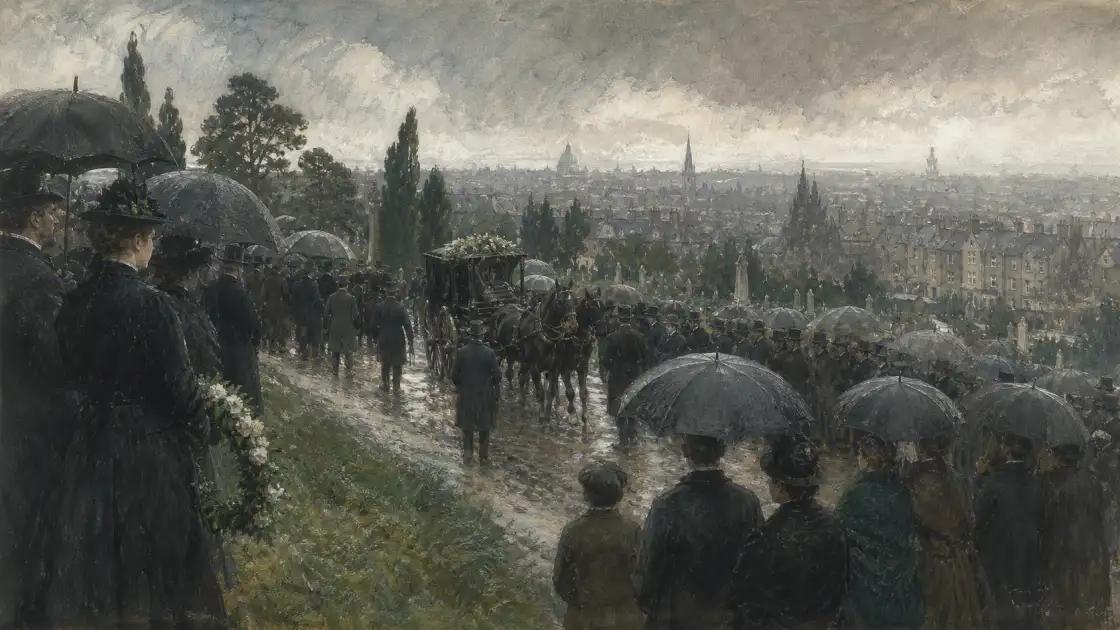 Mourners follow a funeral procession through rain above Dublin — bespoke historical illustration of a political era ending and a divided movement left behind.