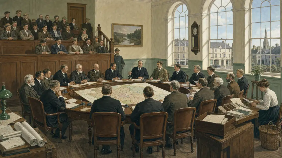 A new county council works over district maps while residents watch from the gallery — bespoke historical illustration of local administration becoming a school of politics.