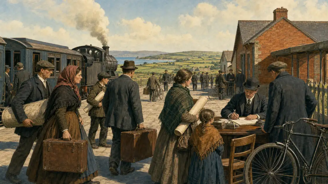 Families arrive by steam train for a land-purchase meeting, with surveyed fields beyond — bespoke historical illustration of a rural transition.